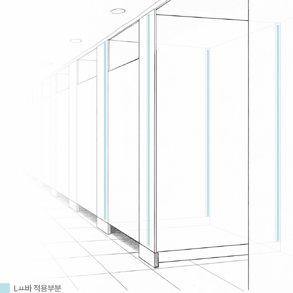 화장실 칸막이에 코너브라켓이 적용된 구조 설명 이미지